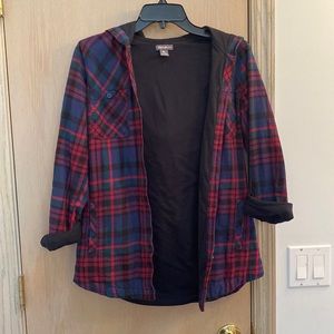 Hooded, cotton-lined plaid button down shirt